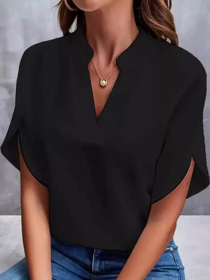 Notched Slit Short Sleeve Blouse