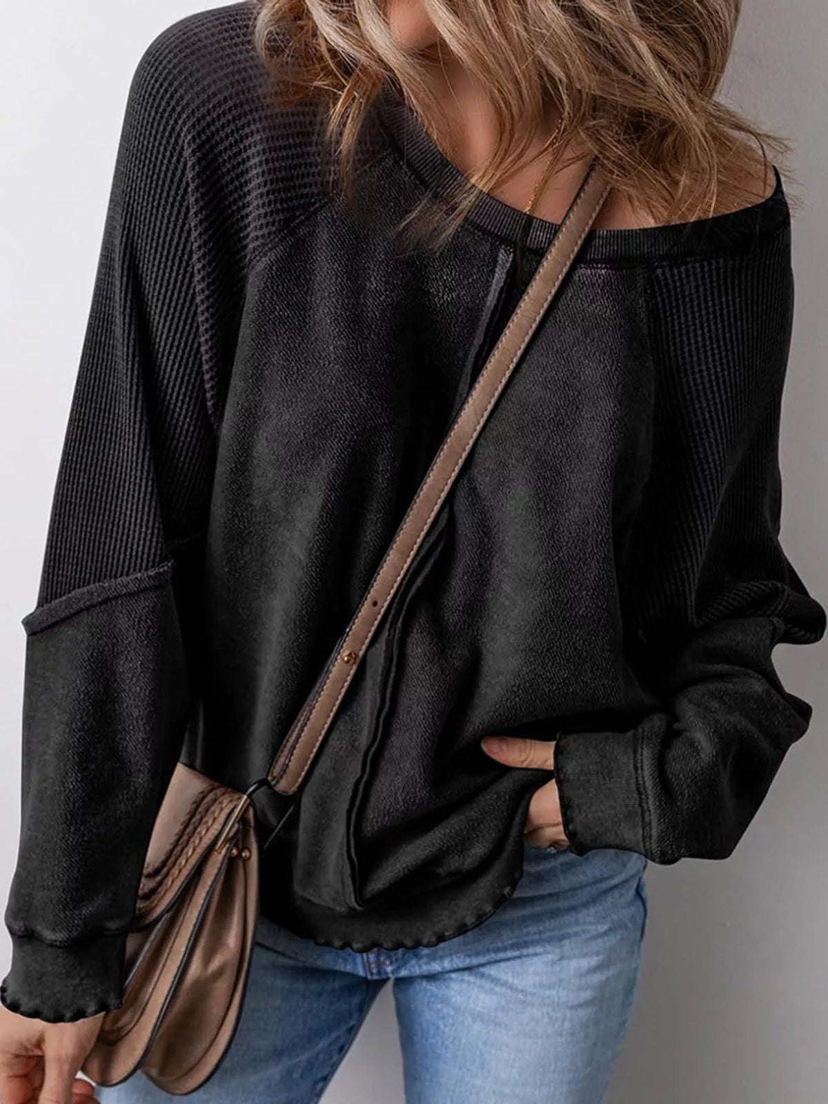 Waffle Knit Raglan Sleeve Sweatshirt