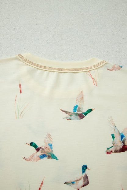 Beige Mallard Duck Print Oversized Tee Drawstring Short Set