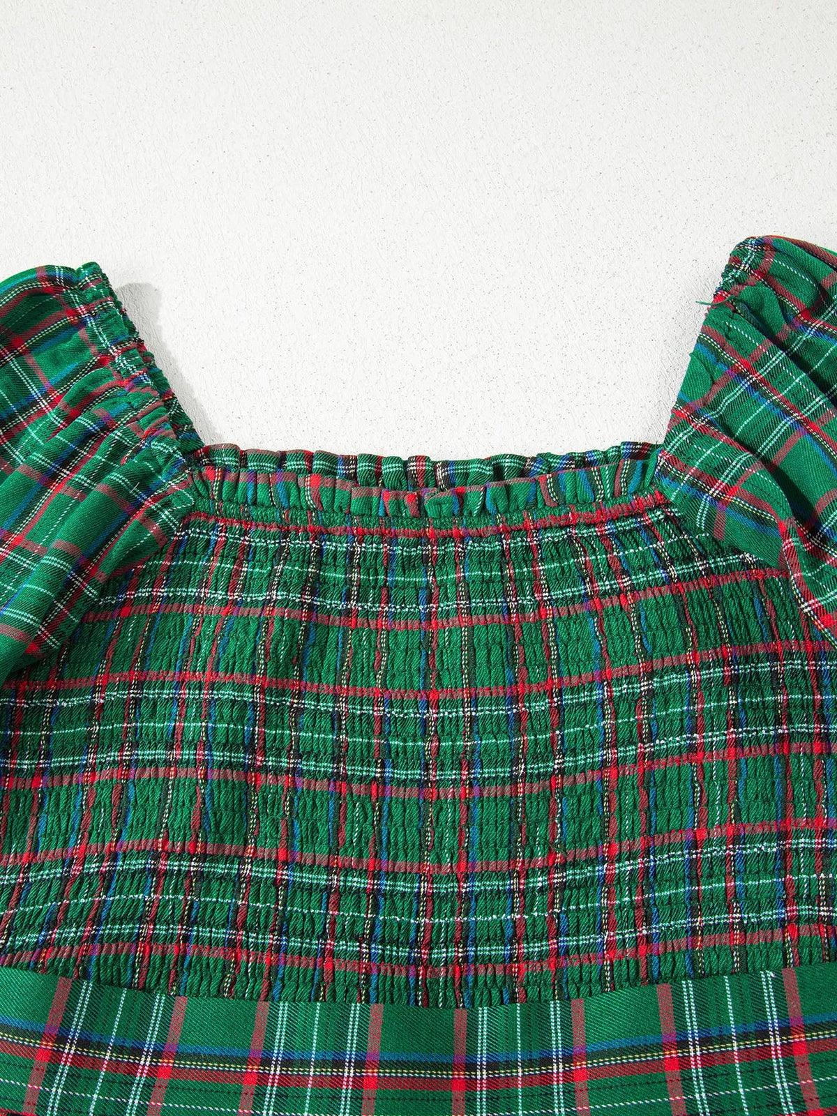 Plaid Square Neck Puff Sleeve Knot Waist Flared Midi Dress