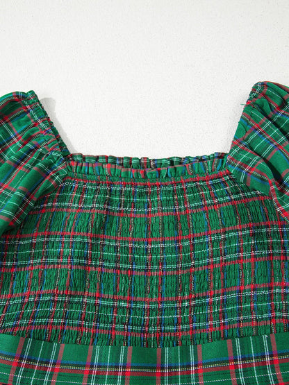 Plaid Square Neck Puff Sleeve Knot Waist Flared Midi Dress
