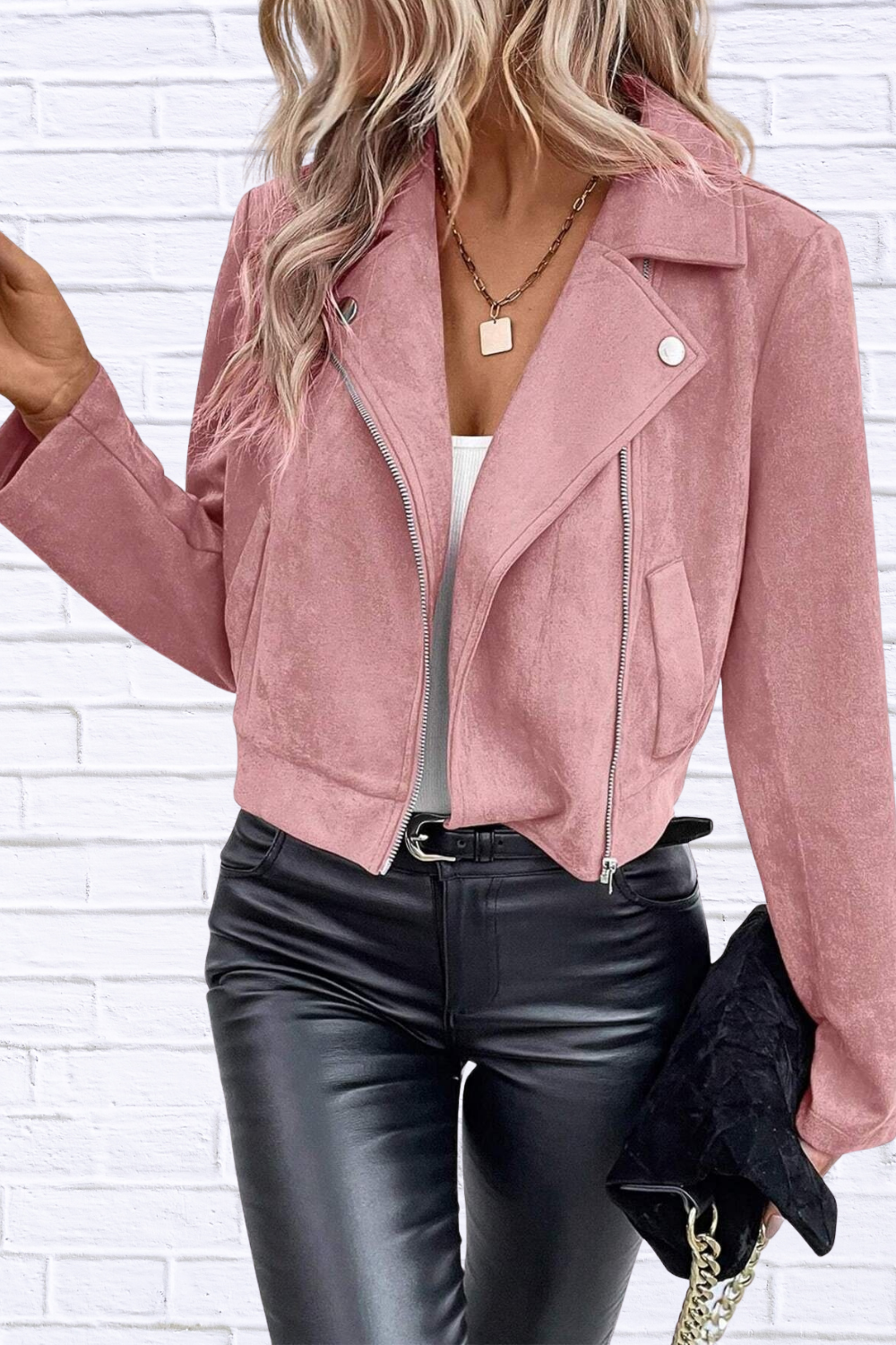 Zip Up Suede Cropped Moto Jacket Pink