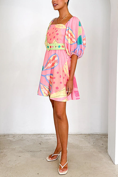 Puff Sleeves Backlesss Rio Print A-line Mini Dress