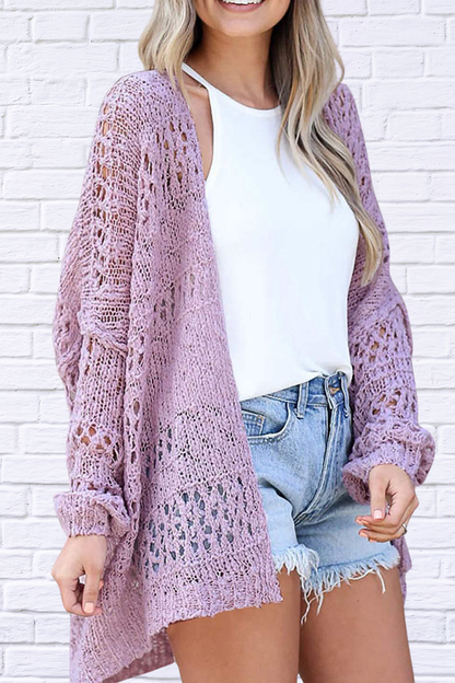 Kim Openwork Open Front Long Sleeve Cardigan Lavender
