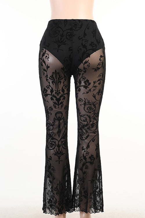 Elastic Waist Bell Bottomed Mesh Lace Pants