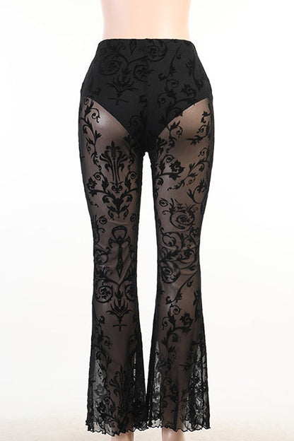 Elastic Waist Bell Bottomed Mesh Lace Pants