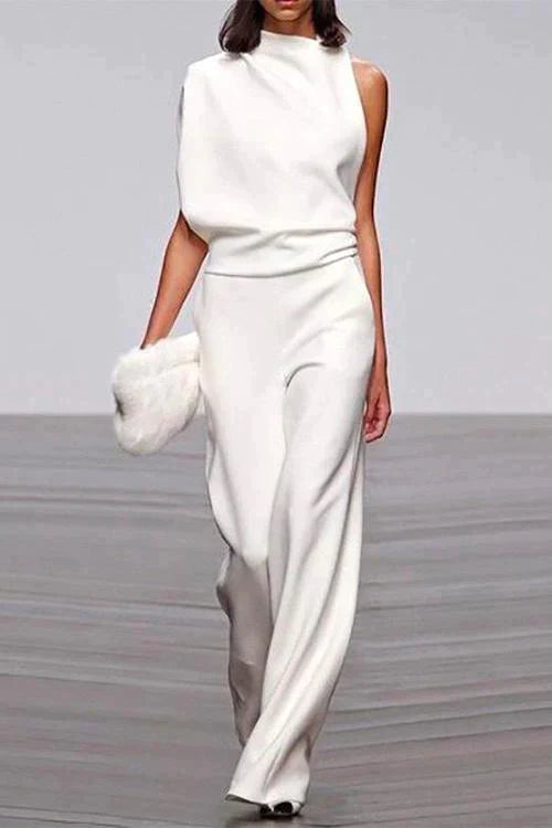Cowl Neck One Shoulder Batwing Sleeve Party Suit White
