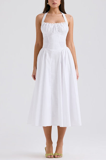 Bow Knot Halter Lace-up Swing Midi dress