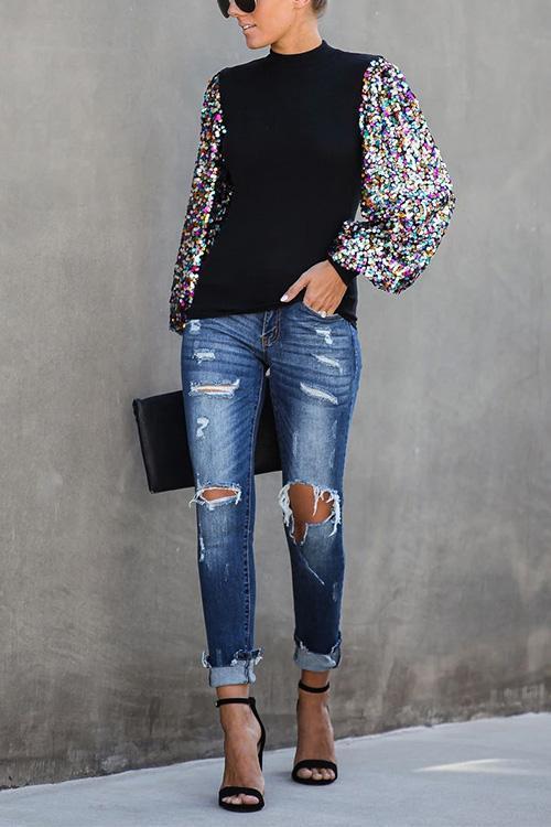 Creneck Sequin Lantern Sleeve Knitting Blouses