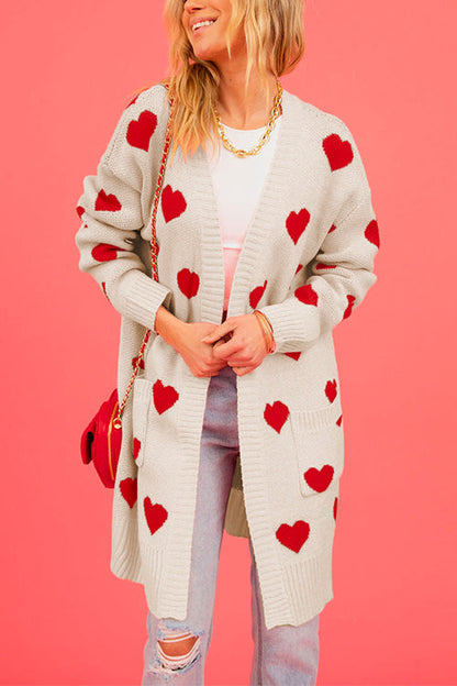 Open Front Pocketed Valentines Date Heart Print Cardigan Apricot