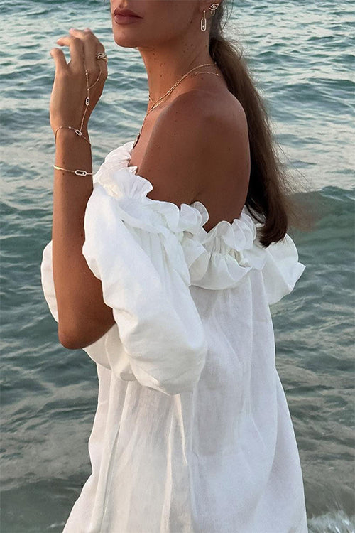 Off Shoulder Ruffle Trim Slit Cotton Linen Maxi Vacation Dress