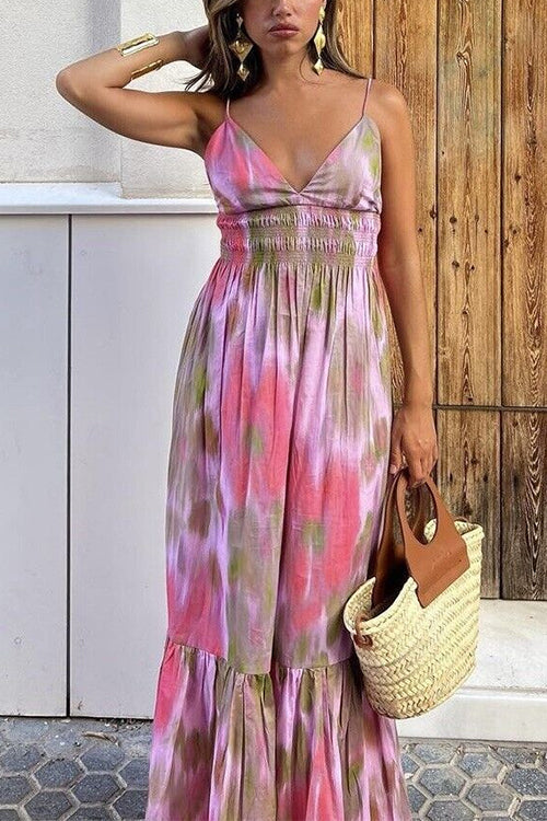 V Neck Open Back High Waist Tie Dye Maxi Vacation Dress