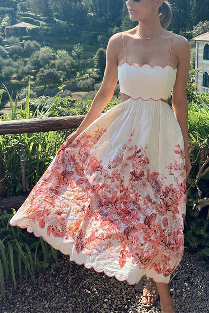 Back Lace-up Cut Out Floral Print A-line Maxi Cami Dress