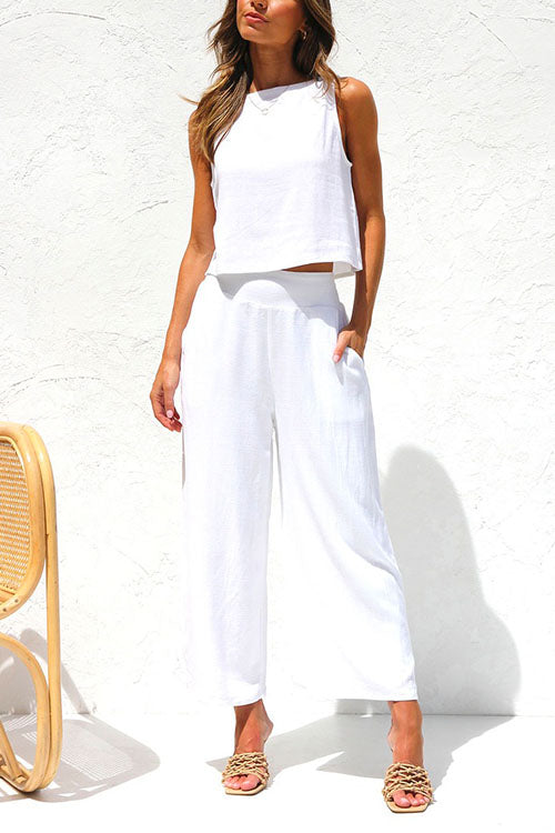 Buttons Tank Top and Pockets Wide Leg Crop Pants Set White