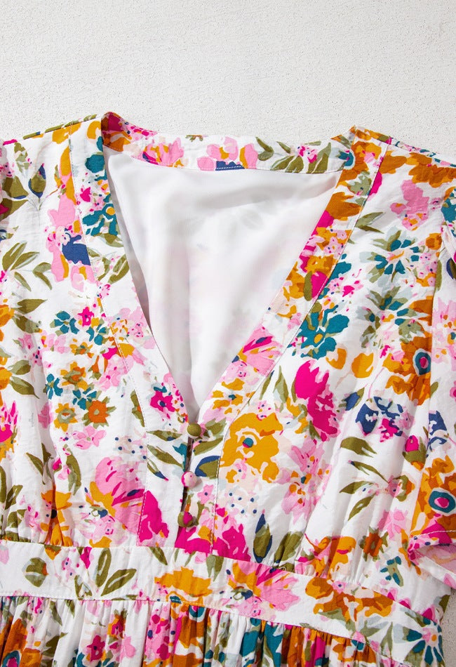 Floral Short Sleeve V Neck Dress with Pockets