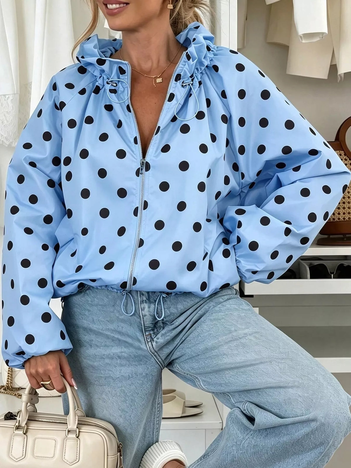 Polka Dot Zip Up Hooded Jacket