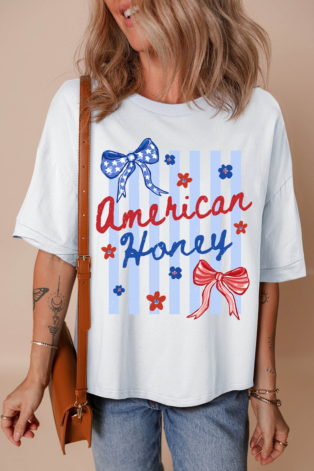White American Honey Bow Flower Striped Graphic Tee