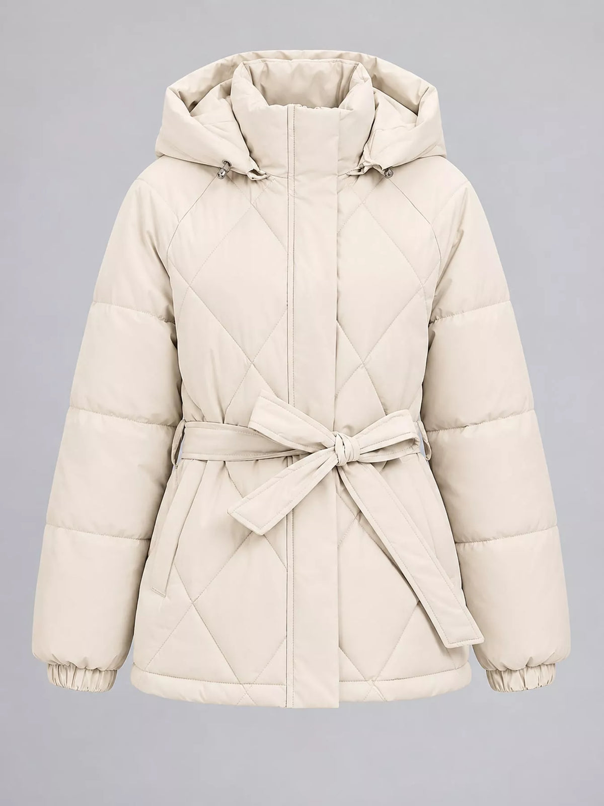 Quilted Waist Belt Hooded Puffer Outerwear