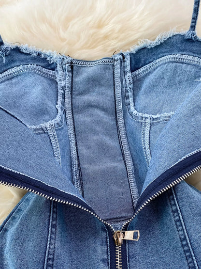 Lace-Up Denim A-Line Mini Dress