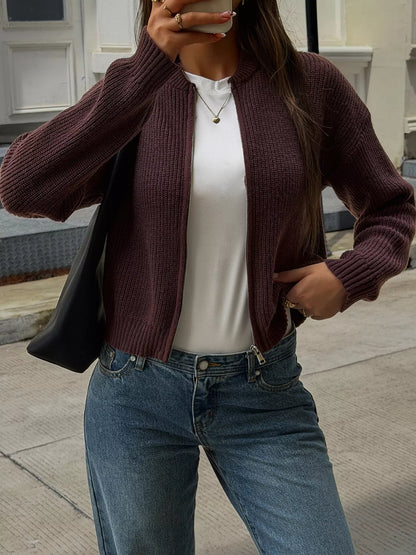 Ribbed Knit Zip-Up Bomber Cardigan