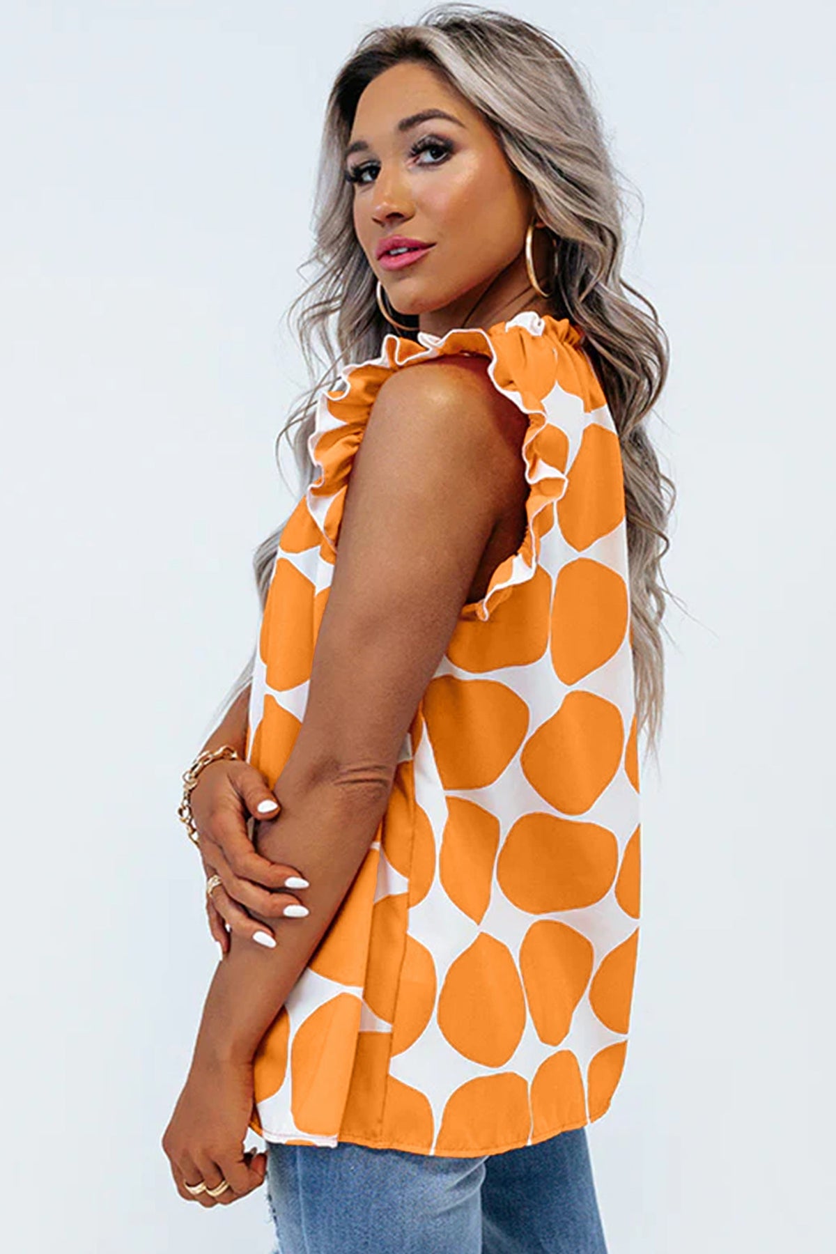 Blue Polka Dot Print Frilled Round Neck Shift Tank Top
