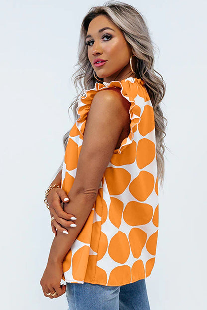 Blue Polka Dot Print Frilled Round Neck Shift Tank Top