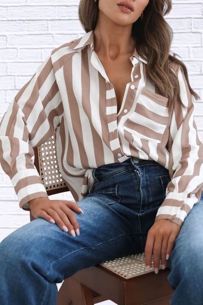 Striped Button-Down Shirt with Pockets for Women