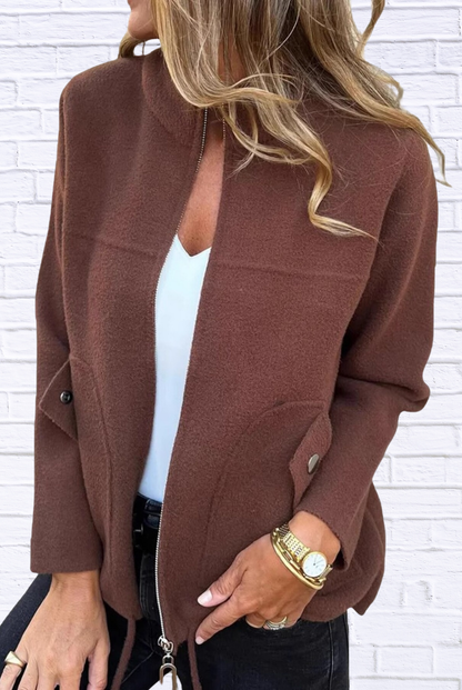 Full Size Textured Knit Zip Up Outerwear Plus Size Brown