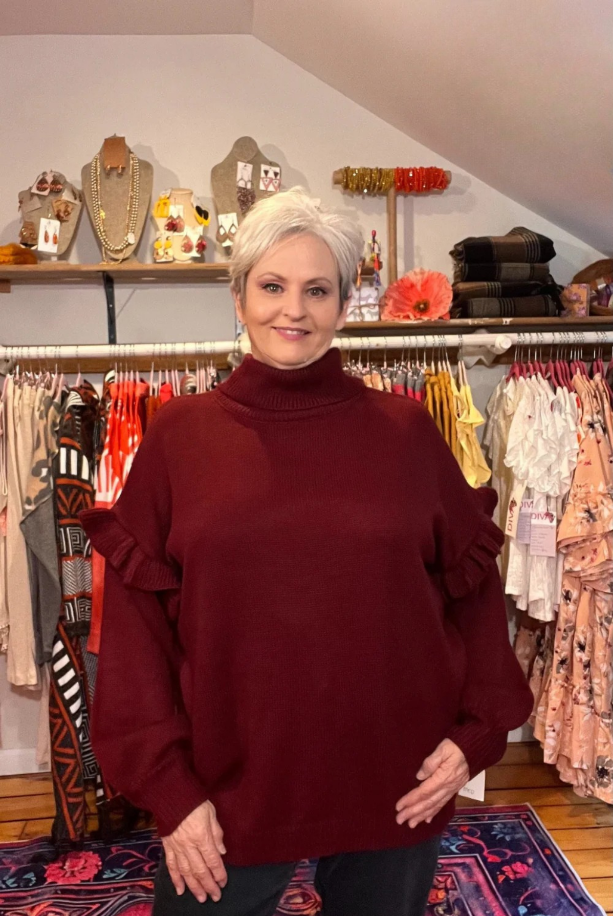Turtleneck Dropped Shoulder Sweater – Women’s Oversized Knit Pullover for Cozy Effortless Style Burgundy Female