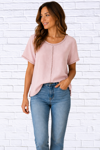 Lace Trim Blouse for Women | Boutique Top in Pink & Blue