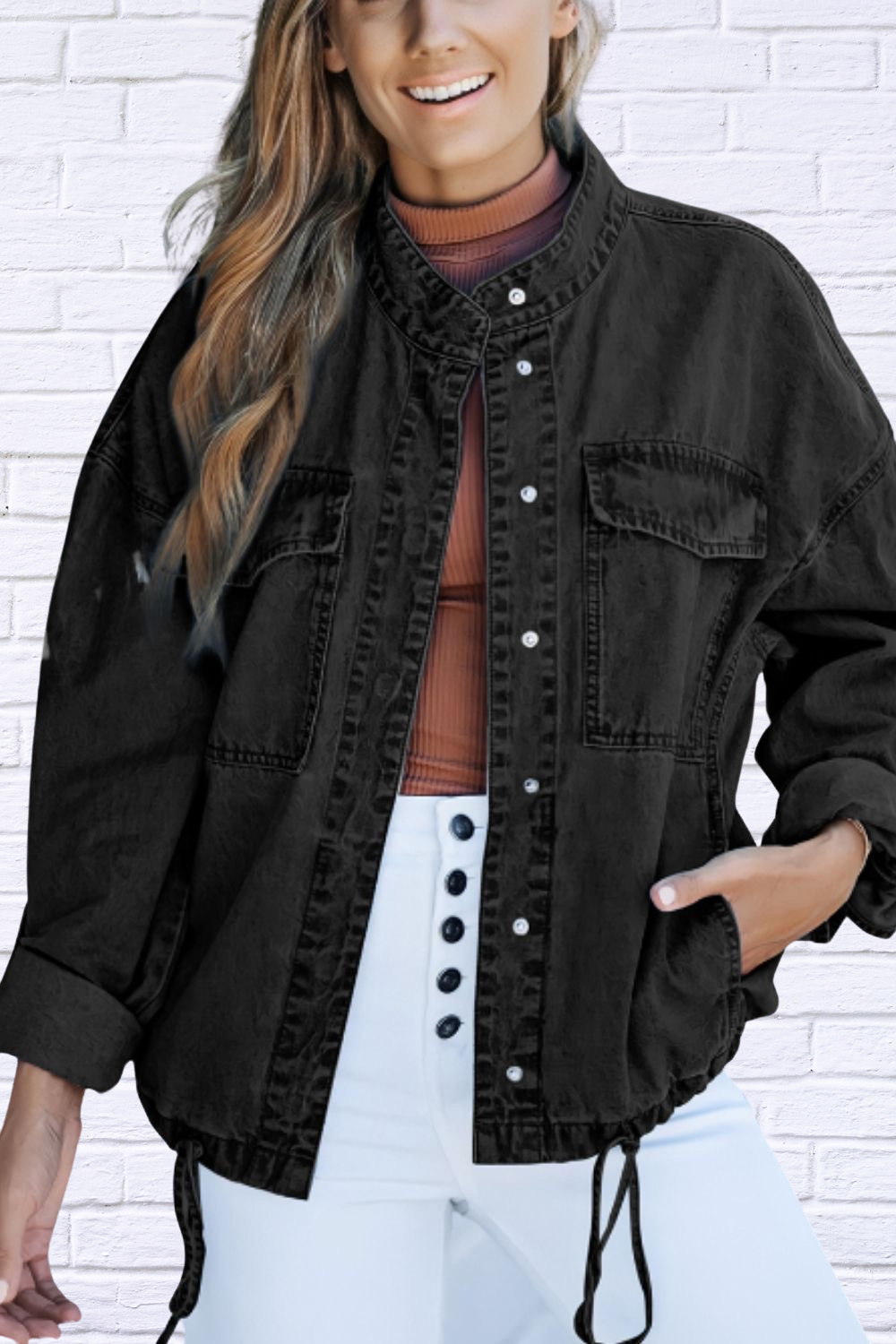 Drawstring Snap Down Denim Jacket with Chest Pockets Black