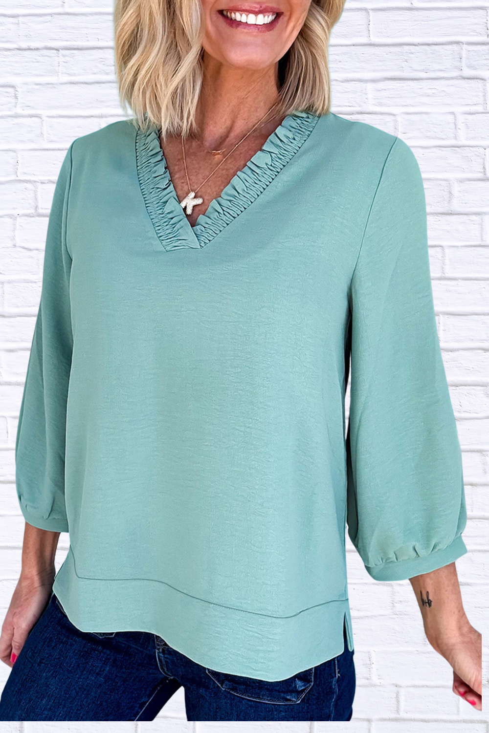 Frill Trim V-Neck Blouse Sage S