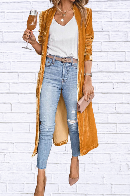 Open Front Long Sleeve Longline Cardigan Gold