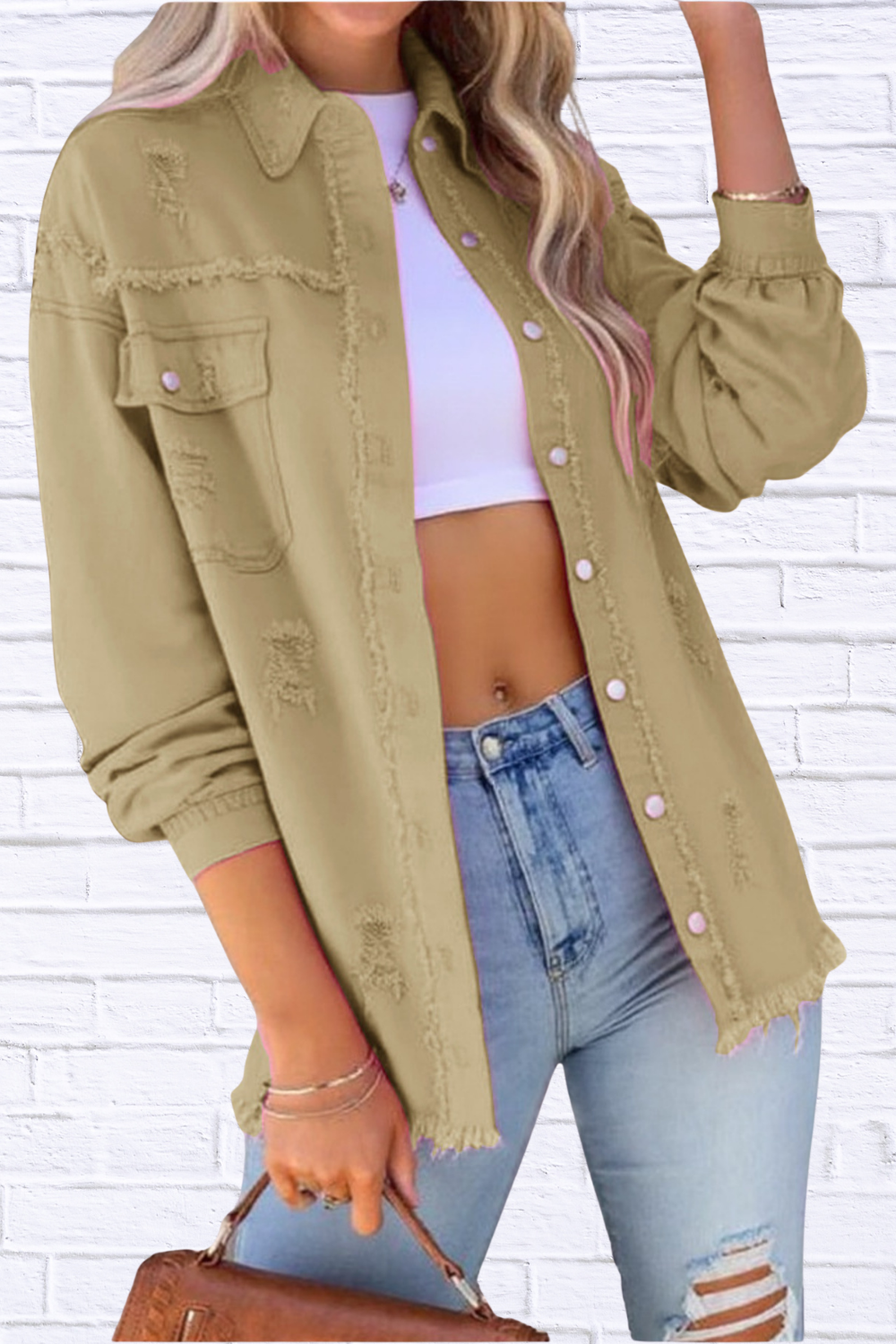 Distressed Denim Jacket with Frayed Edges Camel