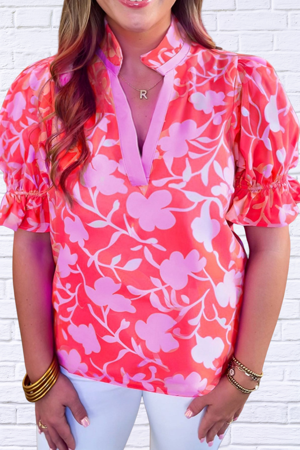 Floral Split V-Neck Ruffled Short Sleeve Blouse – Pink on Pink Red