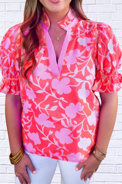Floral Split V-Neck Ruffled Short Sleeve Blouse – Pink on Pink Red