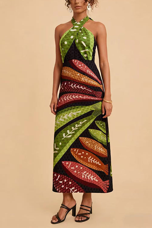 Halter Neck Backless Fish Print Maxi Dress