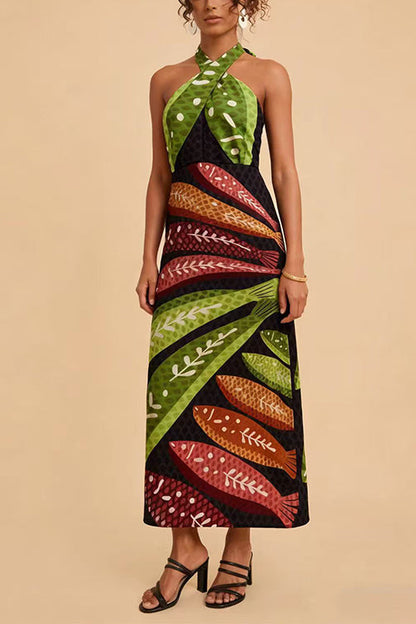 Halter Neck Backless Fish Print Maxi Dress