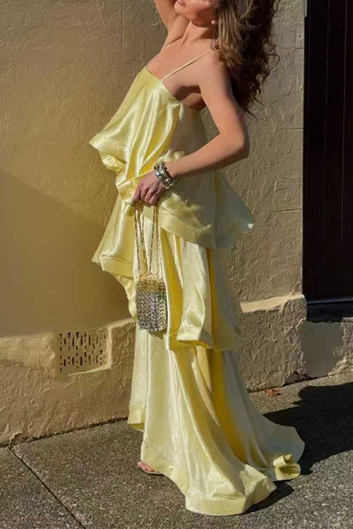 Spaghetti Strap Ruffle Layered Satin Maxi Dress