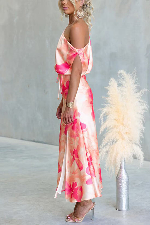 One Shoulder Floral Print Slit Satin Maxi Dress