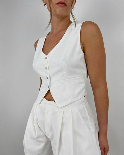 Clidress V Neck Buttons Vest & Shorts Set
