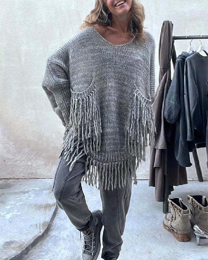 Clidress Oversized Tassel Poncho Sweater