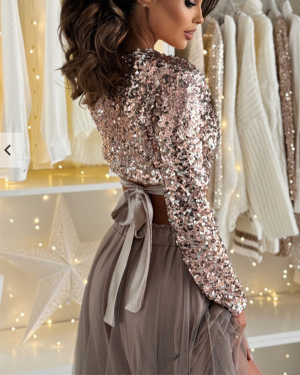 Clidress Sequin Top & Lace Skirt Set