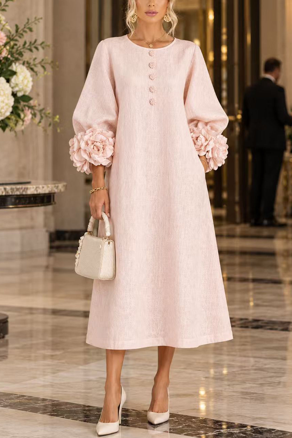 Floral Applique Puff Sleeve A-Line Midi Dress