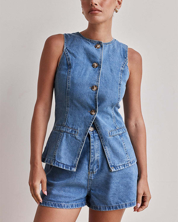 Clidress Denim Tank Top & Jeans Shorts Set