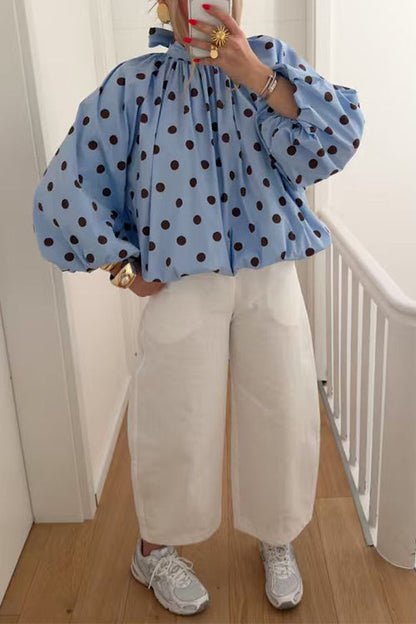 Lantern Long Sleeves Bow Back Slit Polka Dot Top