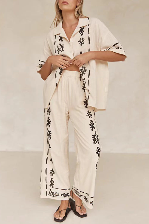 Cotton Linen Short Sleeves Button Down Shirt Elastic Waist Wide Leg Pants Printed Set Cream