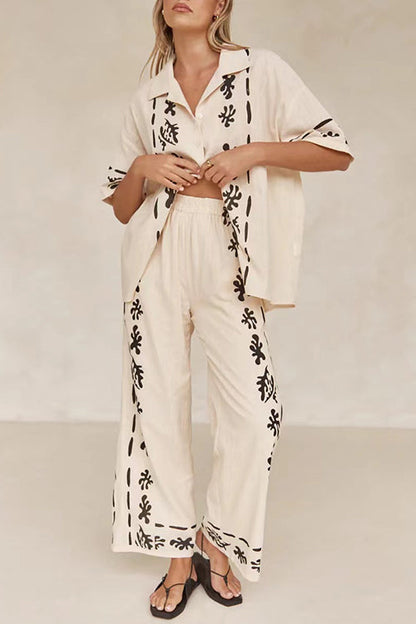 Cotton Linen Short Sleeves Button Down Shirt Elastic Waist Wide Leg Pants Printed Set Cream