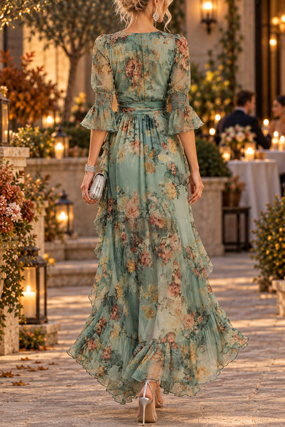 V Neck Floral Print High Low Hem Ruffle Maxi Dress