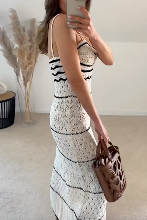V Neck Crochet Hollow Out Color Block Knitting Maxi Cami Dress